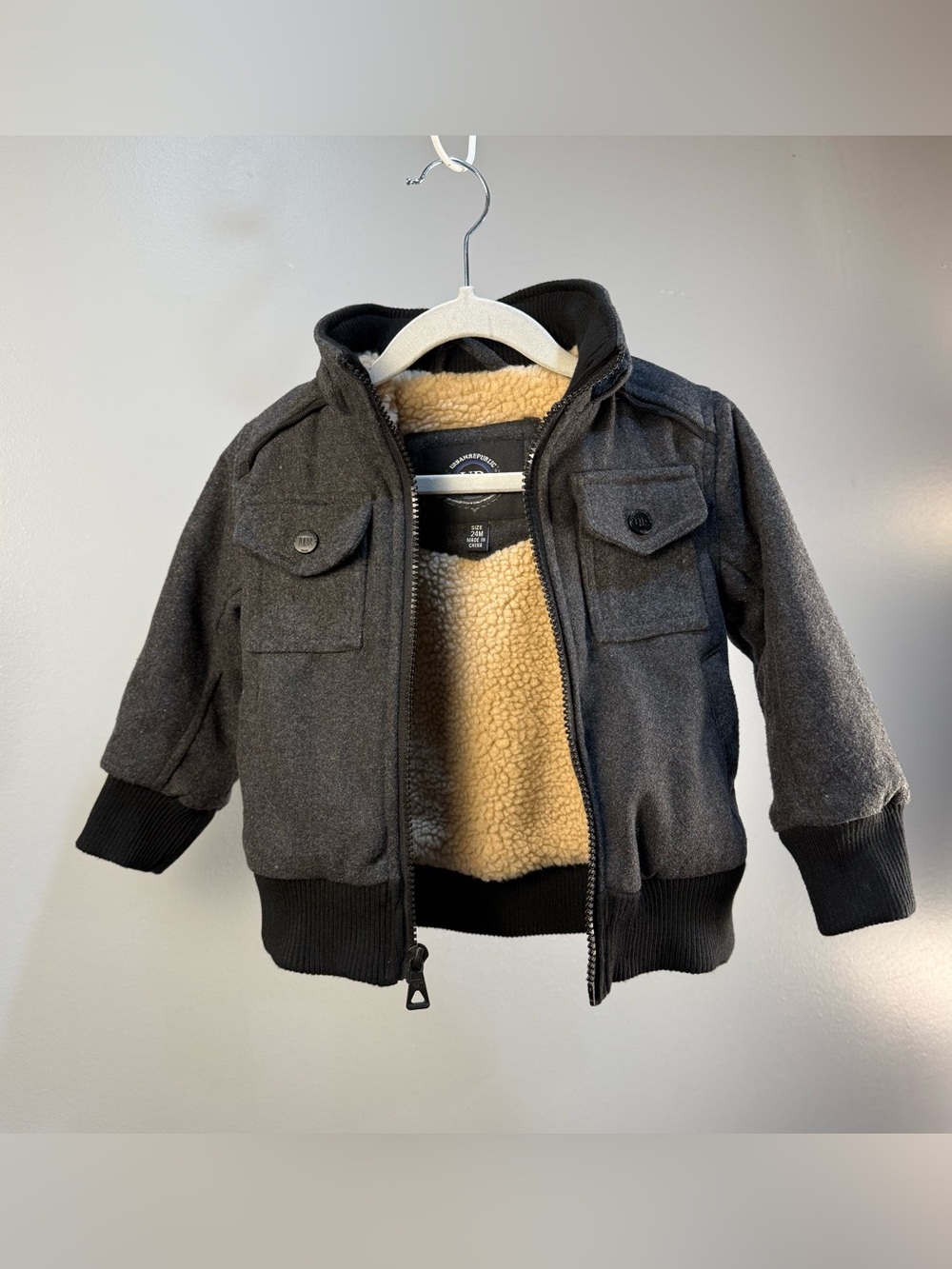Urban Republic Charcoal Bomber Jacket with Cream Sherpa Lining 2T (18month)